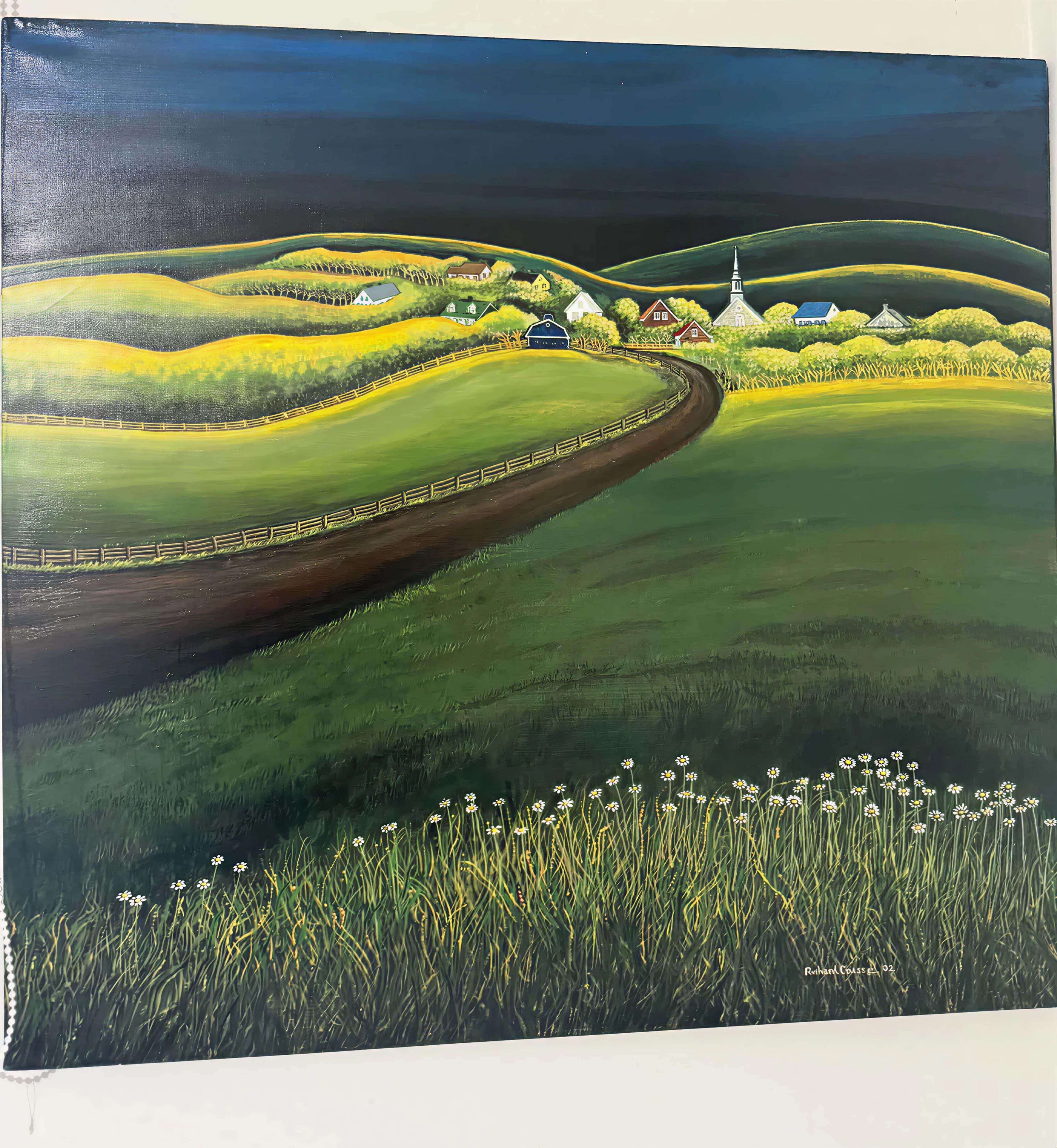 Tableau de Richard Caisse : collines et village du Centre-du-Québec